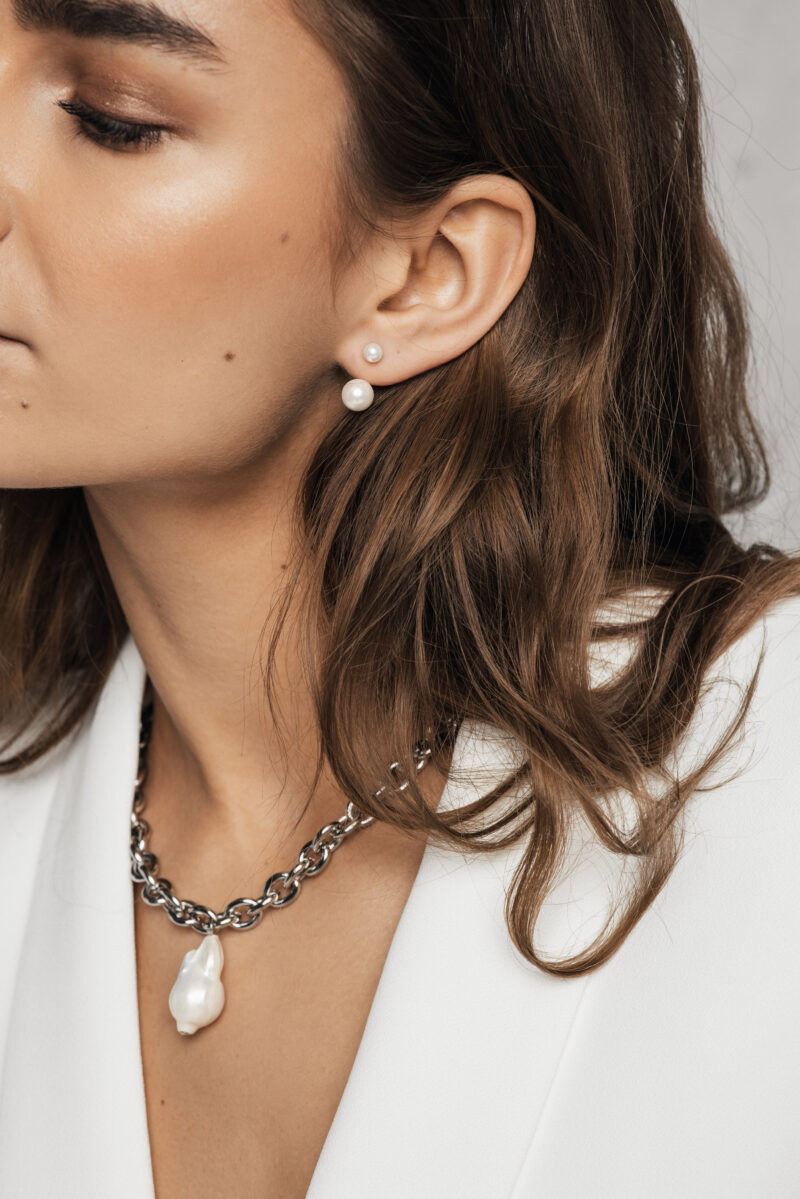 Amelia Pearl Silver Stud Earrings - Image 2
